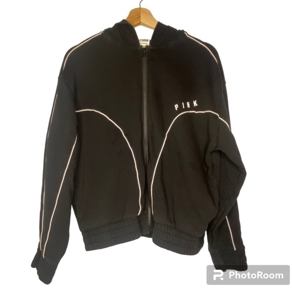 PINK BLACK ZIP FRONT CROPPED HOODIE SIZE SMALL - Picture 1 of 6